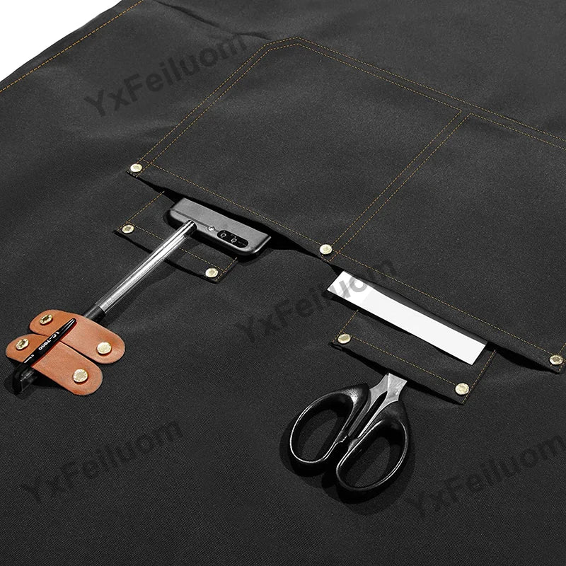 Waterproof Kitchen Apron For Women/Men With Pockets Work Mandil Cleaning Pinafore Restaurant Shop Waiter Work Uniform