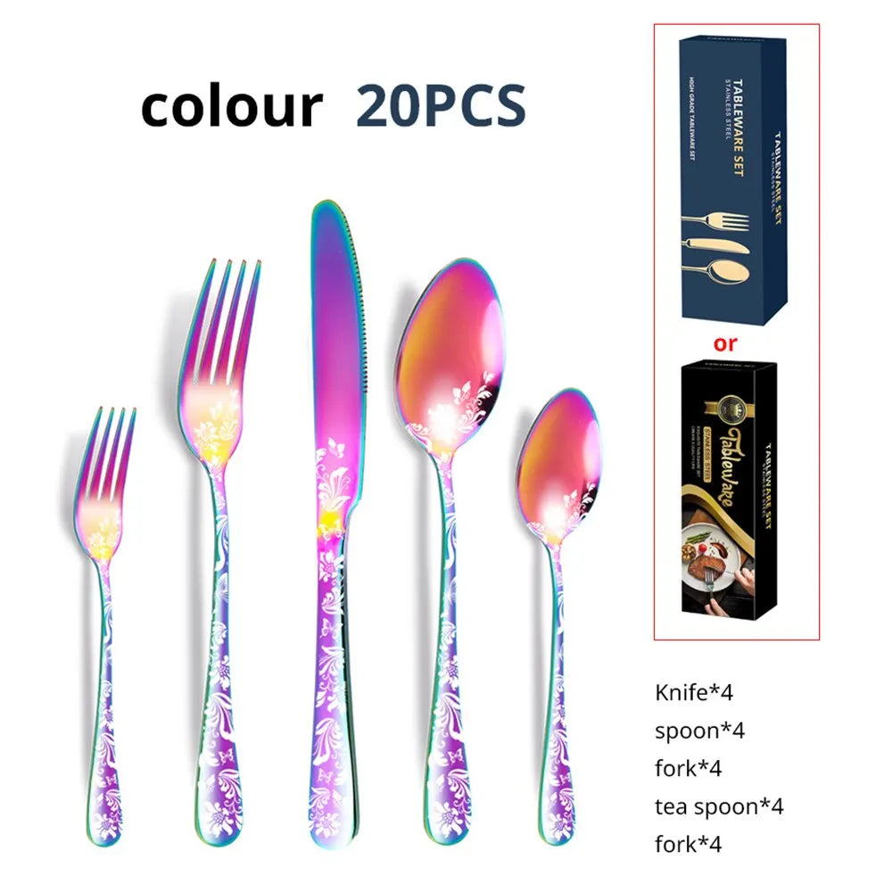 20PCS Patterned Stainless Steel Tableware Knife Fork Spoon Set Hotel Western Style Steak Knife Fork Spoon Set