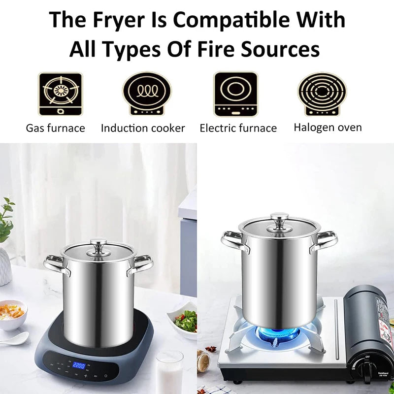 LMETJMA 3L Deep Fryer Pot Stainless Steel Frying Pot With Mesh Steamer Basket Japanese Tempura Fryer Pot with Lid and Tong JT230