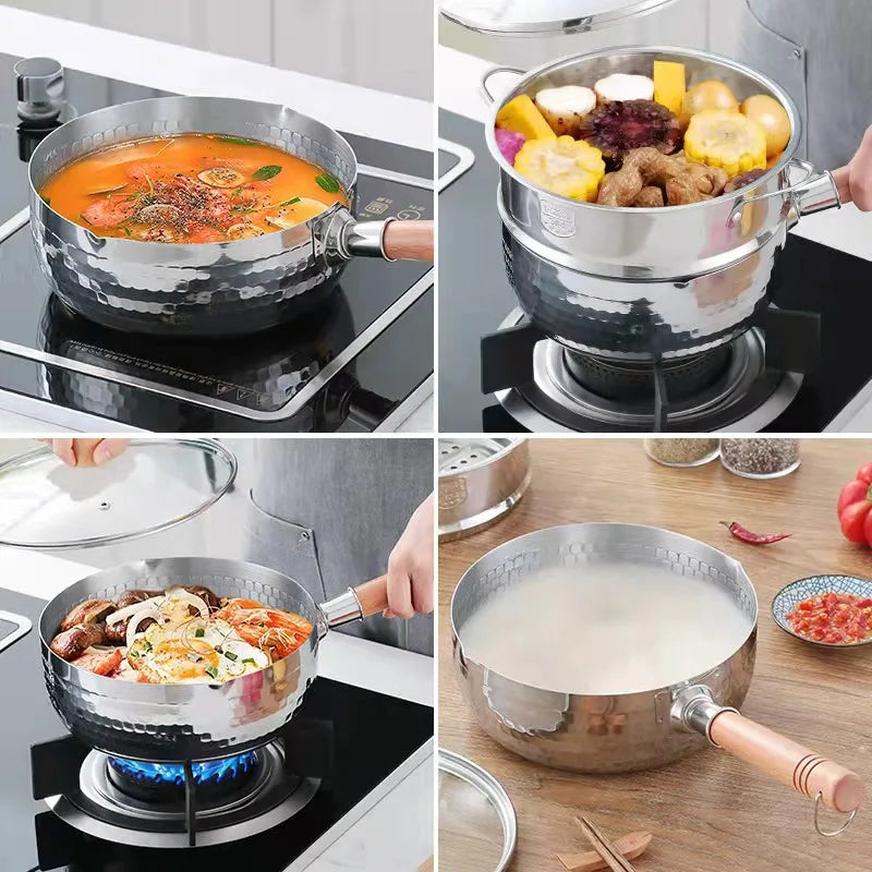 Stainless steel  pan Japanese Snow Pan Wooden Handle Lid Stew Pots Fry Wok Saucepan Milk Pot Kitchen Utensils Practical Cookware