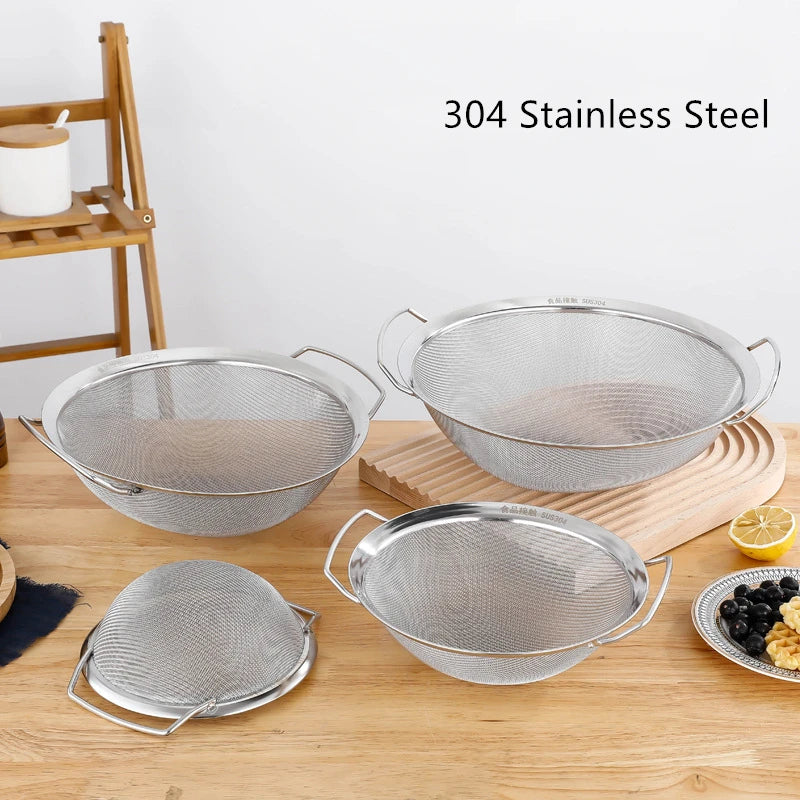 Stainless Steel Fine Mesh Strainer Basket with Double Handles Large Juice Rice Flour Sieve Food Filter Drainer Cooking Utensil