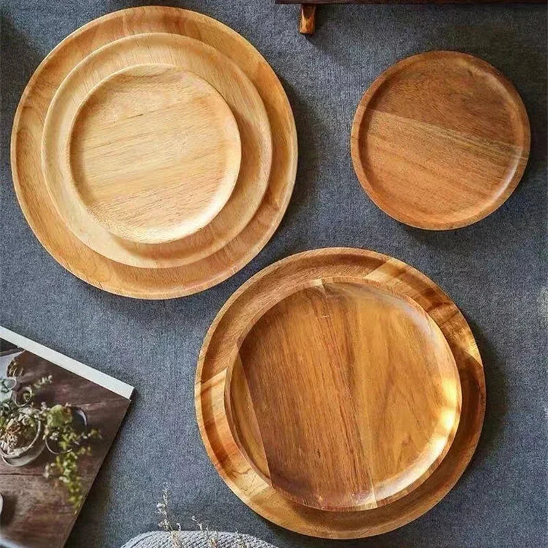 15/20/25cm Wooden Round Serving Platter Tray Retro Wood Pizza Salad Plate Fruit Dessert Tray Bread Cake Container Snacks Dish