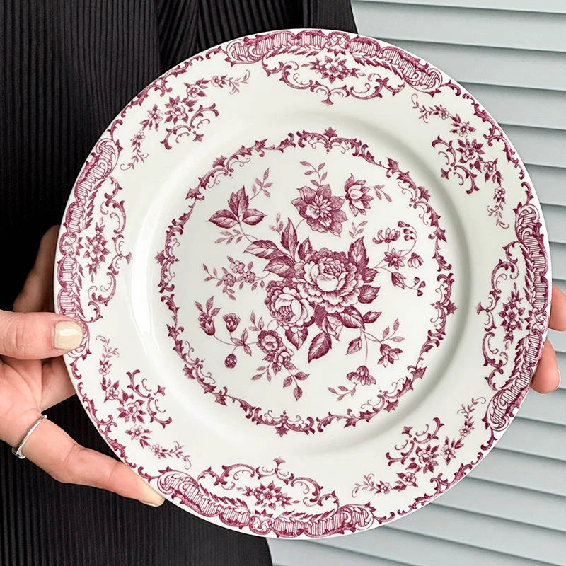 French Rose Ceramic Dinner Plate Household Plate Classical Printing Glaze Pasta Salad Snacks Western Food Plate