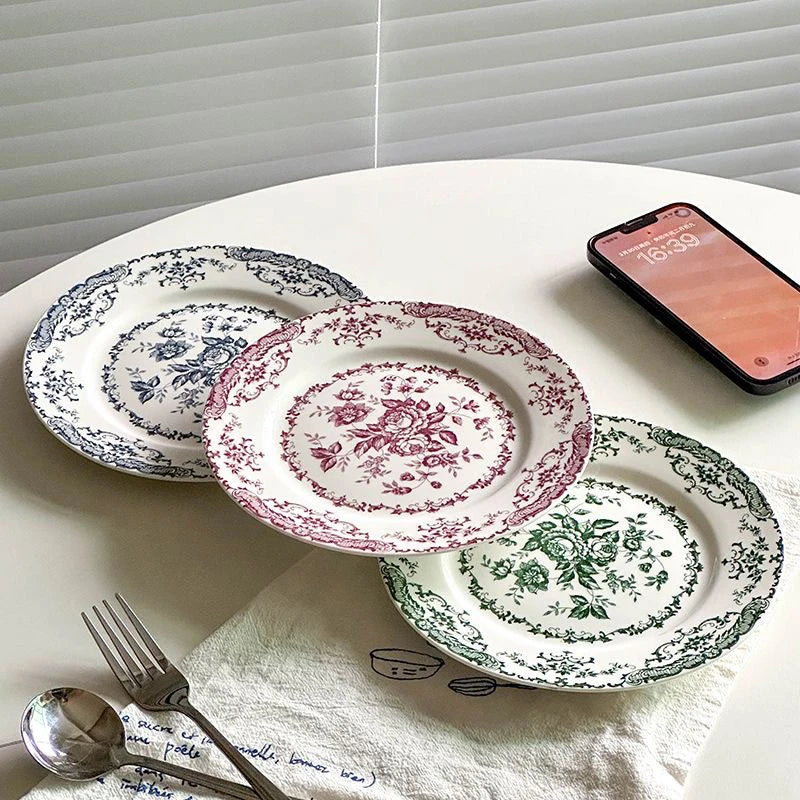 French Rose Ceramic Dinner Plate Household Plate Classical Printing Glaze Pasta Salad Snacks Western Food Plate