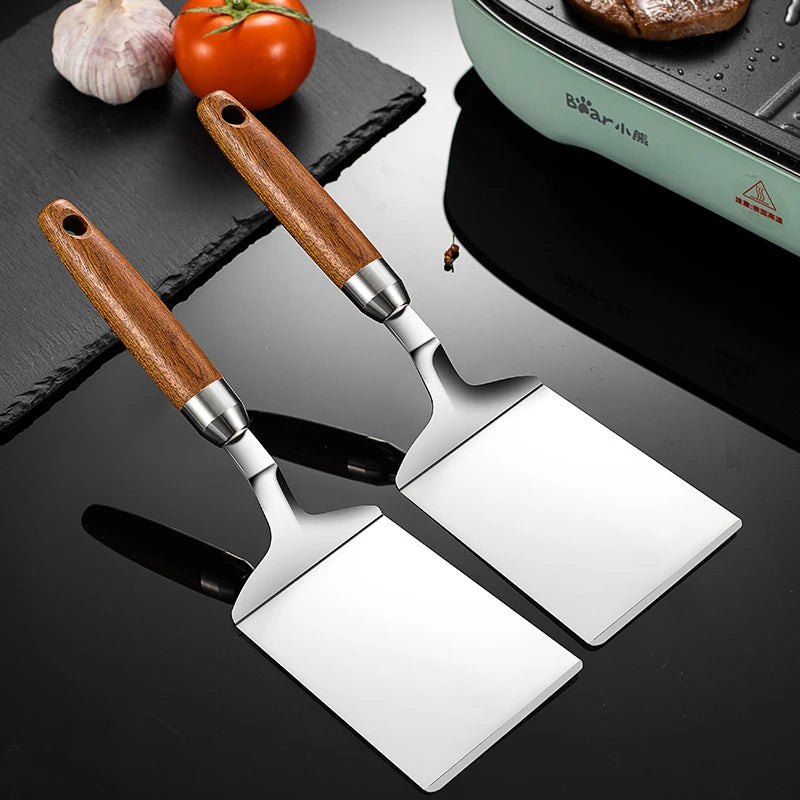 Stainless Steel Square Head Steak Cooking Spatula Pizza Shovel Pancake Beef Turner Scraper Wood Handle BBQ Utensils for Kitchen