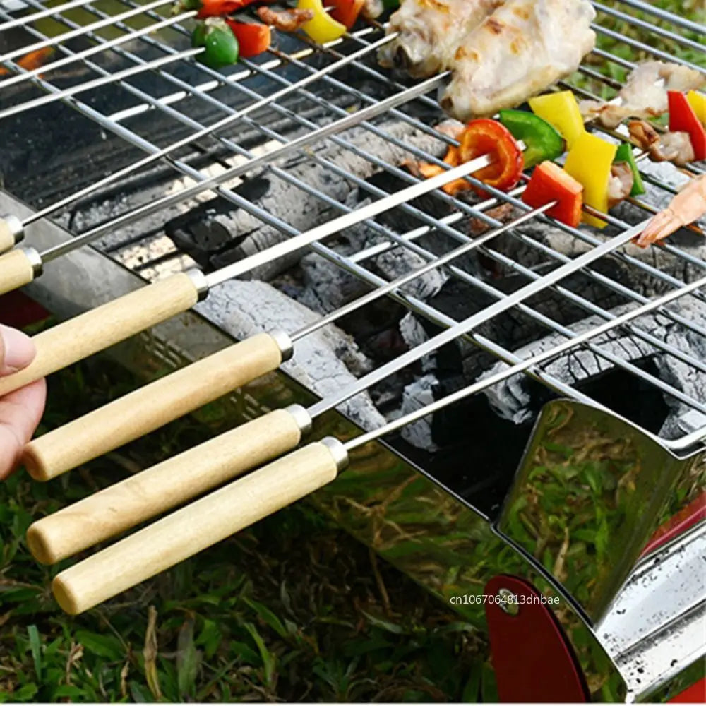 Stainless Steel Wooden Handle Barbecue Barbecue Pin Mutton Skewer Round Sign Flat Iron Skewer Barbecue Cookware Bbq Tools