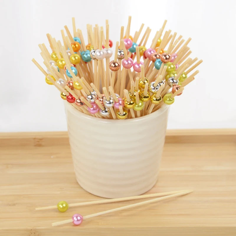 50/100pcs Cute Bear Heart Beads Bamboo Fruit Sticks Fruit Salad Snack Fork Cocktail Skewer Wedding Birthday Party Decor Supplies