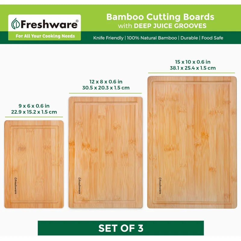 Bamboo Cutting Boards for Kitchen [Set of 3] Wood Cutting Board for Chopping Meat, Vegetables, Fruits, Cheese