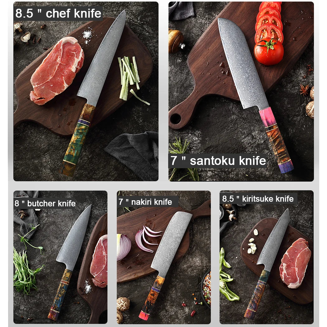 XITUO Damascus Kitchen Knife Set Chef Nakiri Knife 67 Layers Japanese Damascus Steel Chef Knife Razor Sharp Blade Colorful Wood