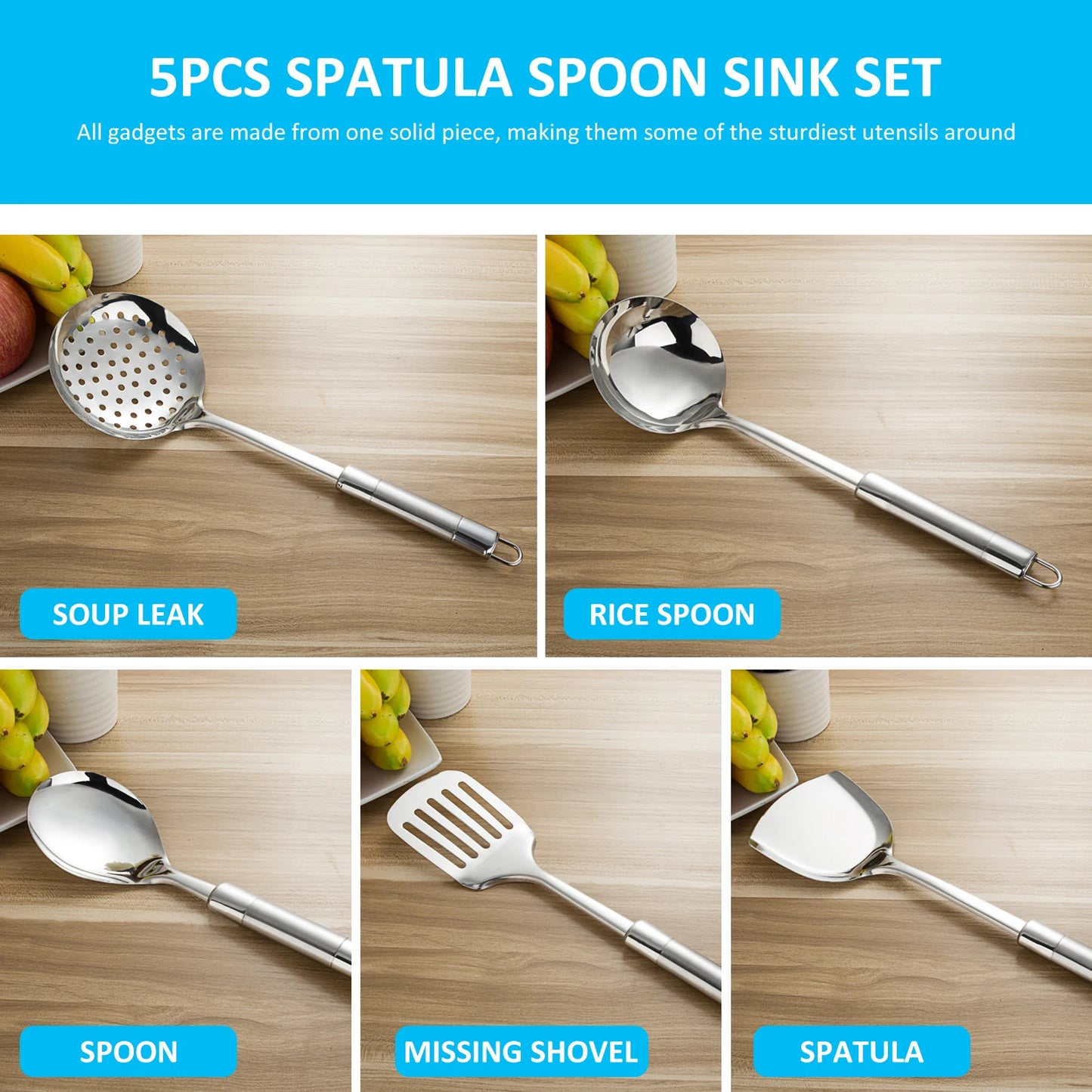 5Pcs Kitchen Cooking Utensils Set Stainless Steel Spoons Spatula with Ergonomic Handle Heavy-Duty Washable Spoons Utensils