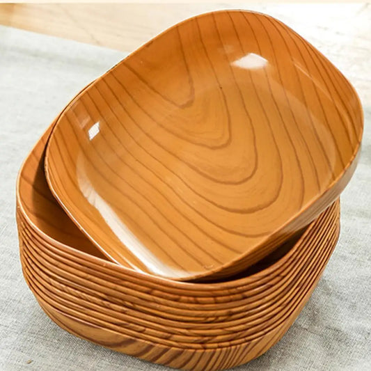 1pc Kitchen Wood Grain Plastic Square Plate Japanese Simple Wood Grain Dish Set For Tableware Kitchen Bowl Dish Dinnerware