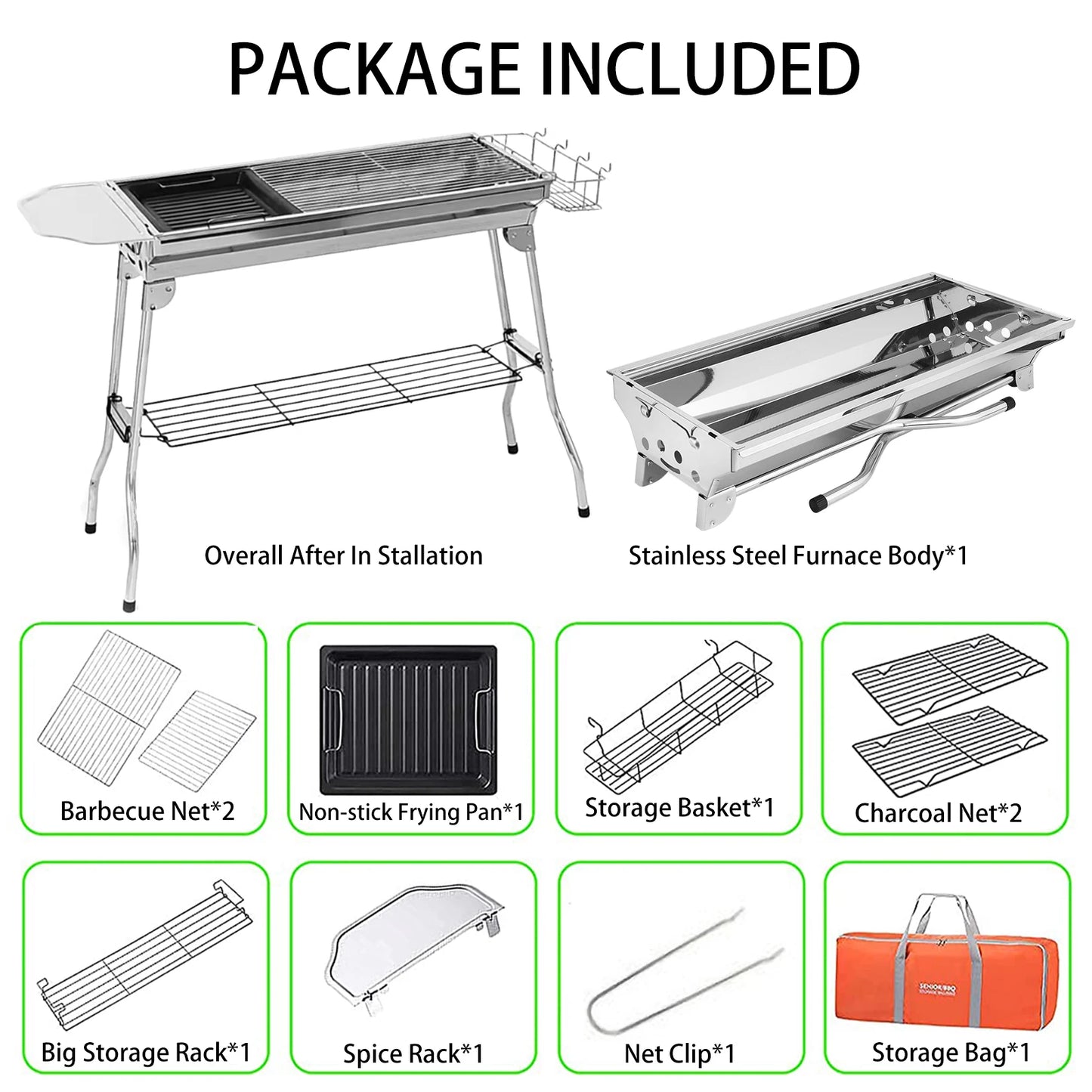 Outdoor Camping Grill Set Stainless Steel Portable Foldable Charcoal Barbecue Grill for Parties Picnics BBQ Rack Cookware