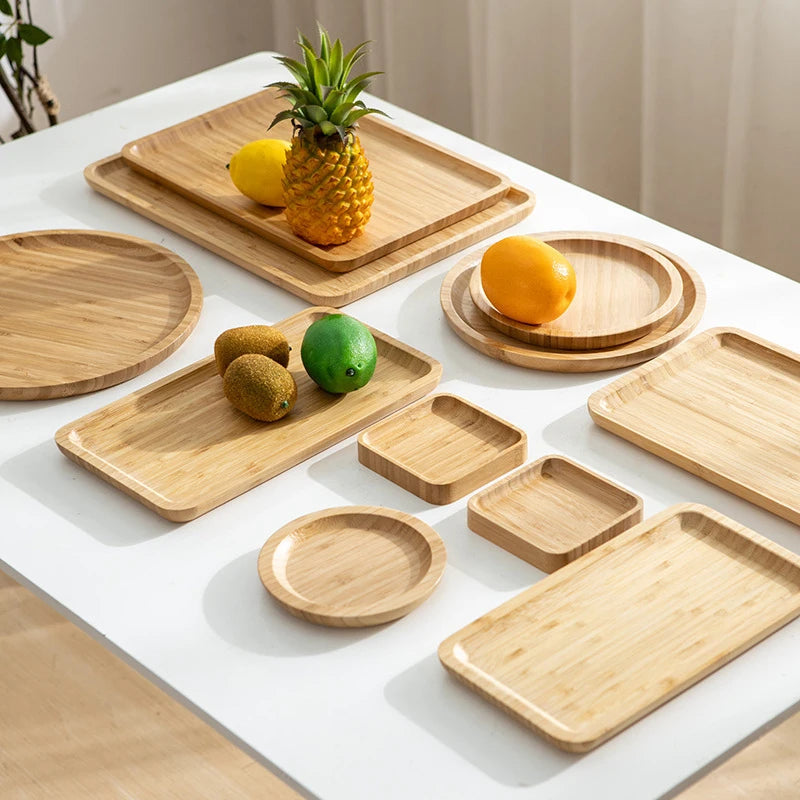 Simple Japanese Bamboo Tea Tray Kitchen Storage Serving Trays Home Hotel Platter Plate for Dessert Breakfast Coffee Food Tray