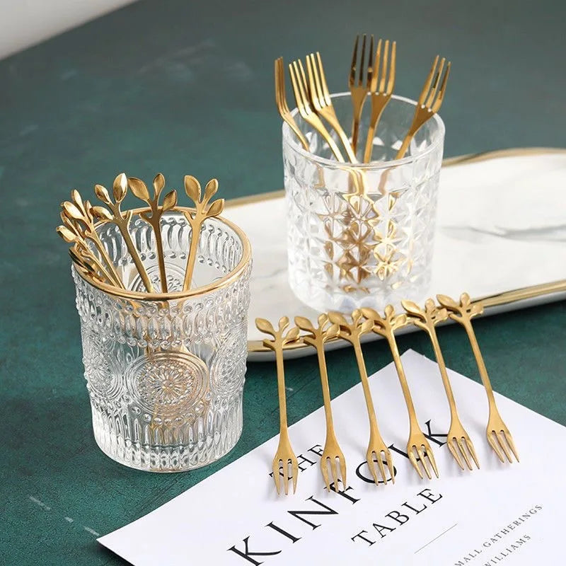 6Pcs Stainless Steel Tea Forks Gold Silver Cake Fork Snack Salad Coffee Fruit Fork Mirror Cutlery Tableware Set Kitchen Utensils