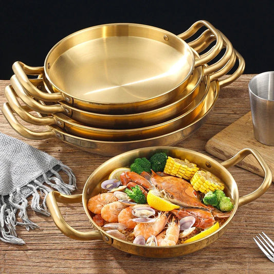 Golden Korean Army Hotpot Thickened commercial double ear Frying pan Dry pot basin Stainless steel Spanish seafood rice pot