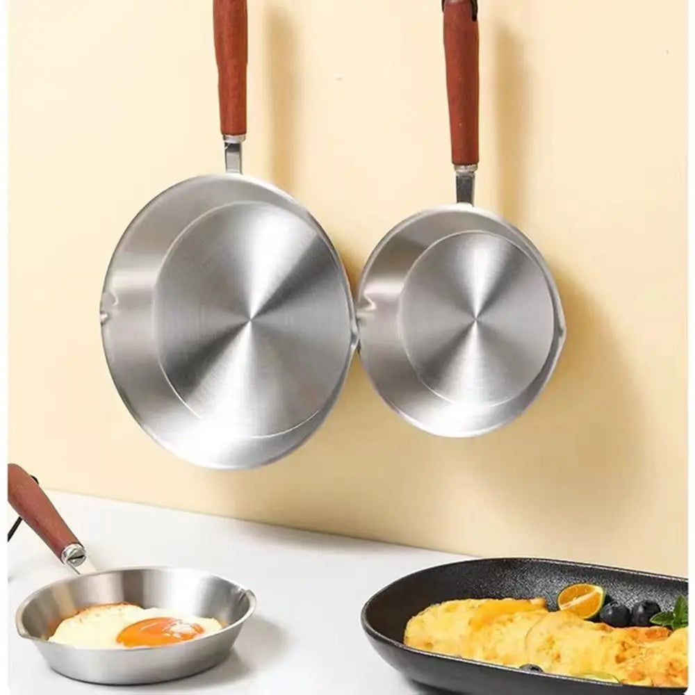 Flat Bottom 304 Stainless Steel Frying Pan Wooden Handle Oven Safe Omelette Pan 12/16cm Small Cooking Pan Kitchen Cookware