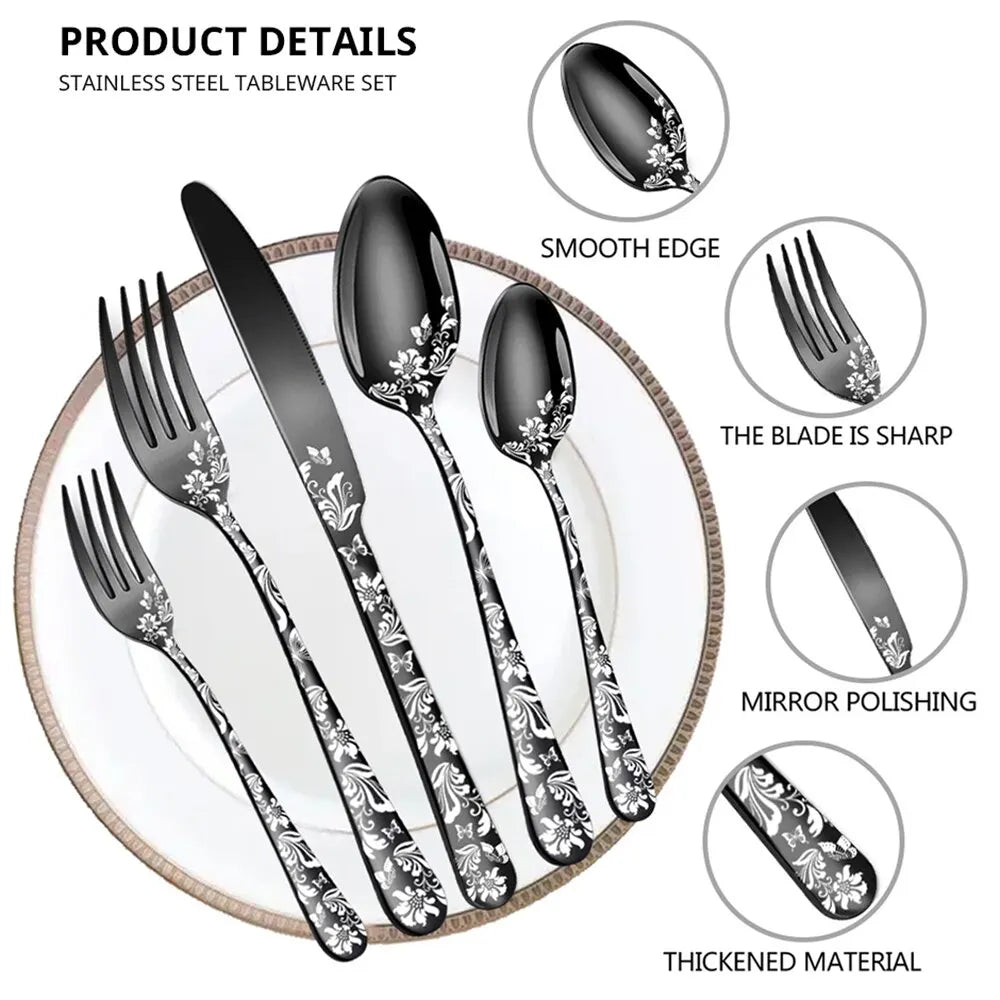 20PCS Patterned Stainless Steel Tableware Knife Fork Spoon Set Hotel Western Style Steak Knife Fork Spoon Set