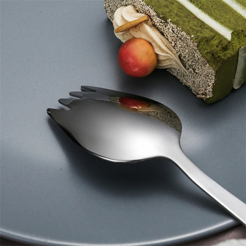 Stainless Steel Fruit Fork Spoon Long Handle Ice Cream Salad Dessert Tableware Convenient Western Multi-Function Silver Spork